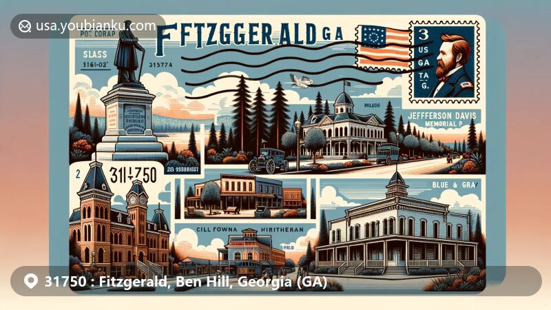Modern illustration of Fitzgerald, Georgia, showcasing postal theme with ZIP code 31750, featuring historic landmarks and local culture.