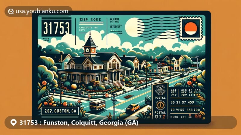 Modern illustration of Funston, a charming town in Colquitt County, Georgia, showcasing town hall, lush greenery, and inviting atmosphere, reflecting its humid subtropical climate, featuring postal symbols like vintage stamps and postal marks with highlighted ZIP code 31753.
