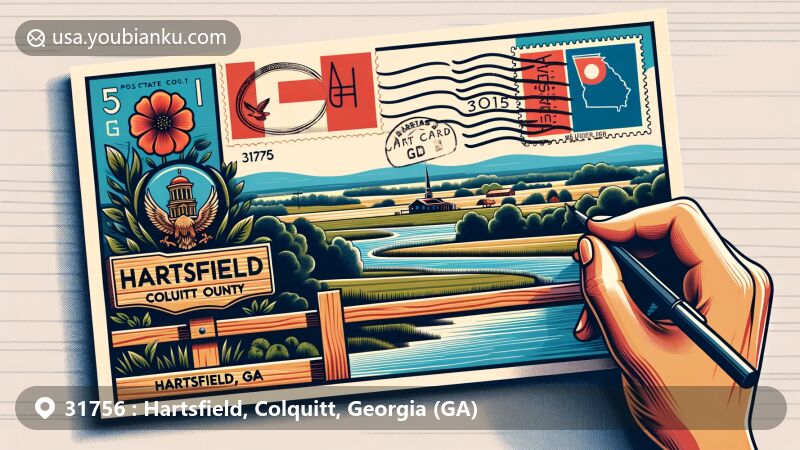 Modern illustration of Hartsfield, Colquitt County, Georgia, depicting a postcard with ZIP code 31756, featuring Georgia state flag, Colquitt County map, and serene countryside imagery.