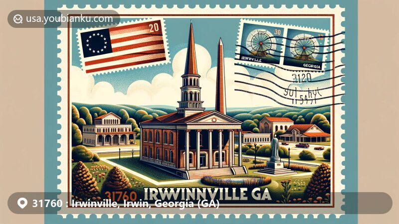 Modern illustration of Irwinville, Georgia, featuring iconic monument and museum, surrounded by Georgian natural scenery, showcasing postal theme with ZIP code 31760, blending American postal elements with regional characteristics.