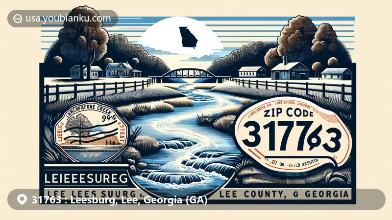 Modern illustration of Leesburg, Lee County, Georgia, highlighting ZIP code 31763 with Kinchafoonee Creek, local culture elements, and postal theme.