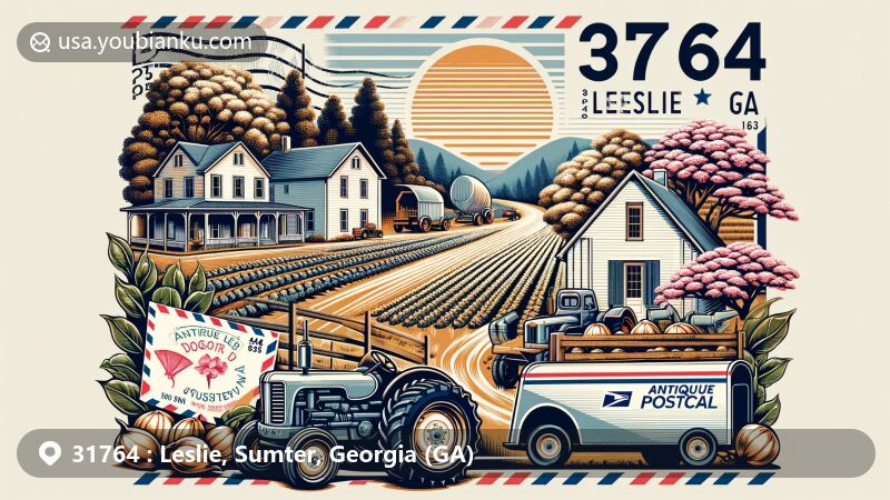 Modern illustration of Leslie, Sumter County, Georgia, representing ZIP code 31764 with rolling farmlands, harvesting tractors, dogwood-lined streets, and white houses, capturing the agribusiness and historical charm. Features Antique Dogwood Festival reference and postal elements like air mail design, Georgia stamp, and postal truck.