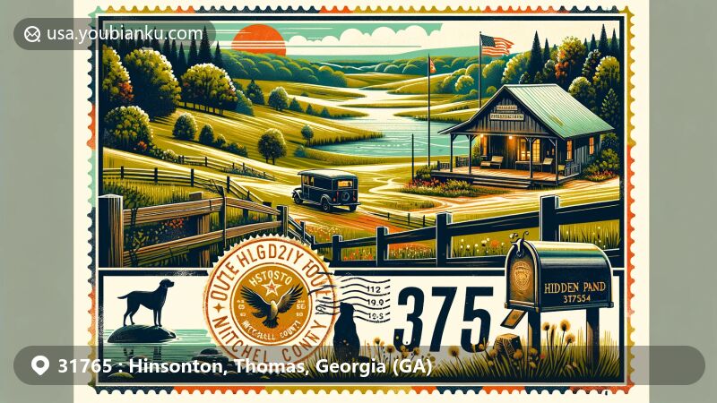 Modern illustration of Hinsonton, Mitchell County, Georgia, highlighting rural charm, Hidden Pond, Georgia state flag, and postal elements for ZIP code 31765.