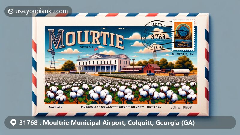 Modern illustration of Moultrie, Georgia postal theme with ZIP code 31768, featuring cotton fields, The Arts Center, and Museum of Colquitt County History.