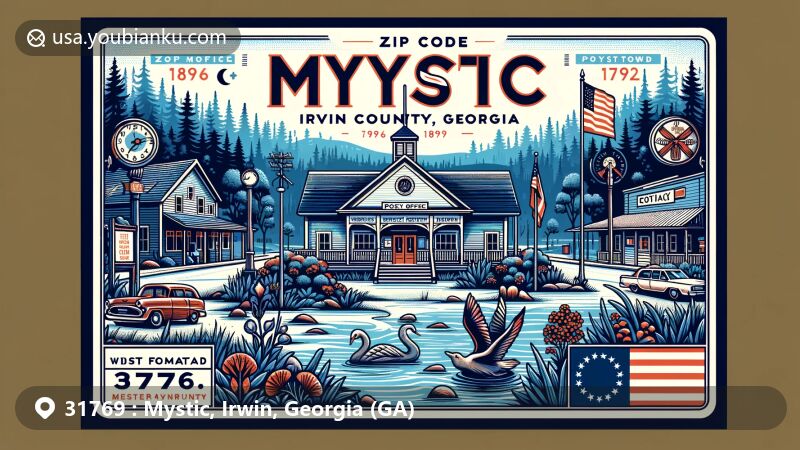Modern illustration of Mystic, Irwin County, Georgia, depicting a postcard theme with ZIP code 31769, showcasing the historic post office since 1896, Georgia state flag, and local natural landmarks and culture.