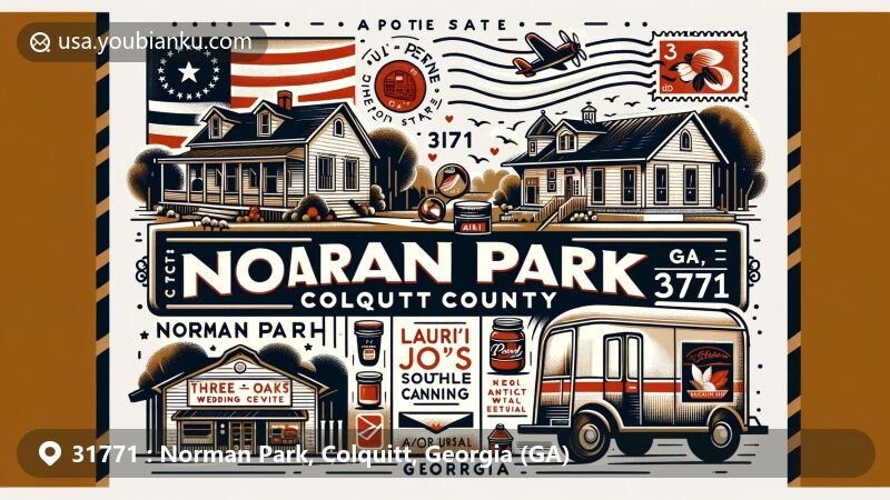 Modern illustration of Norman Park, Colquitt County, Georgia, inspired by ZIP code 31771, featuring Lauri Jo's Southern Style Canning, Three Oaks Wedding Venue, Georgia state flag, vintage postcard, and postal elements.