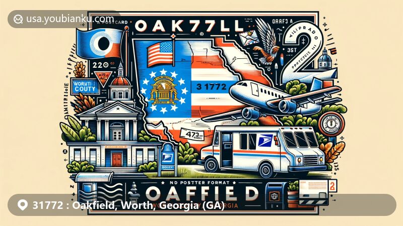 Modern illustration of Oakfield, Worth County, Georgia, showcasing postal theme with ZIP code 31772, featuring Georgia state symbols and Worth County's geographical outline.