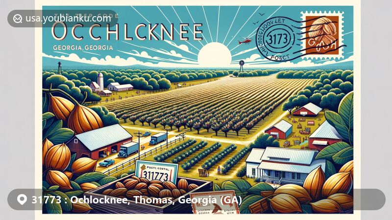 Modern illustration of Ochlocknee, Thomas County, Georgia, featuring postal theme with ZIP code 31773, showcasing pecan groves, farms, and 'Old South Day' festival elements.