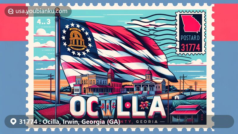 Modern illustration of Ocilla, Irwin County, Georgia, showcasing postal theme with ZIP code 31774, featuring state flag, Irwin County outline, and iconic symbols of Ocilla.