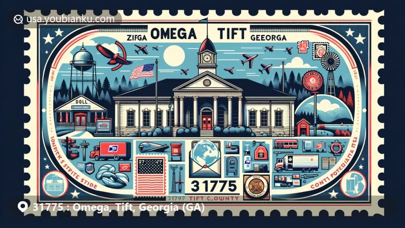 Modern illustration of Omega, Tift, Georgia, showcasing iconic City Hall, Georgia state flag, Tift County silhouette, and postal elements for ZIP code 31775.
