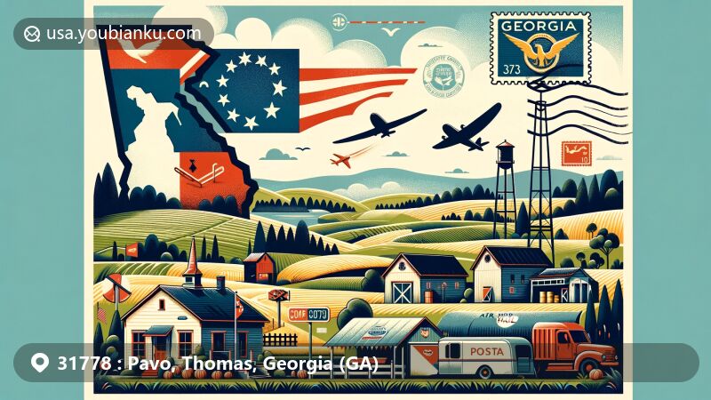 Modern illustration of Pavo, Georgia, featuring ZIP code 31778, showcasing Georgia state flag, Thomas County outline, and local symbols, with rolling hills, agricultural landscapes, and small-town charm.