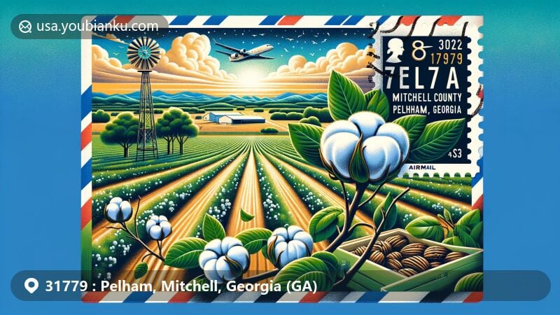 Modern illustration of Pelham, Georgia, showcasing cotton and pecan fields under a bright sky, featuring airmail envelope with ZIP Code 31779, Mitchell County symbols.