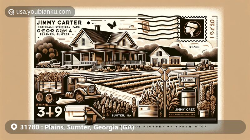 Modern illustration of Jimmy Carter National Historical Park in Plains, Sumter, Georgia, featuring Jimmy Carter's boyhood home and farm, creative postal elements, and Georgia state flag.