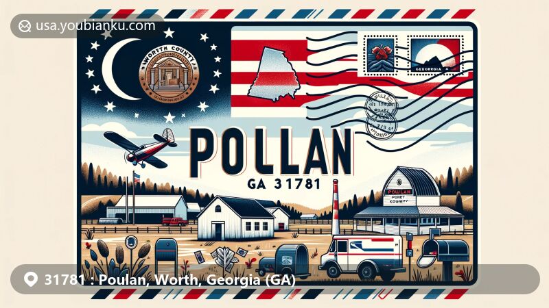 Modern illustration of Poulan, Worth County, Georgia, resembling a postcard or airmail envelope with the Georgia state flag, Worth County map outline, and central postcard featuring 'Poulan, GA 31781' amidst natural landscapes.