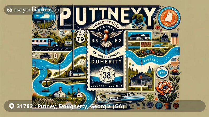 Modern illustration of Putney, Dougherty County, Georgia, featuring Flint River and U.S. Route 19, highlighting rural charm and postal theme with vintage air mail envelope showing ZIP code 31782.