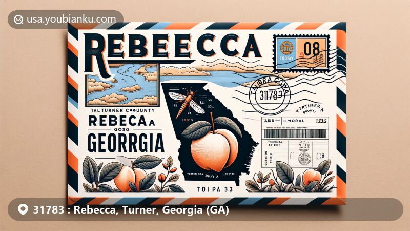 Modern illustration of air mail envelope design for Rebecca, Georgia, ZIP Code 31783, featuring Georgia state flag, Alapaha River, and Turner County map outline.
