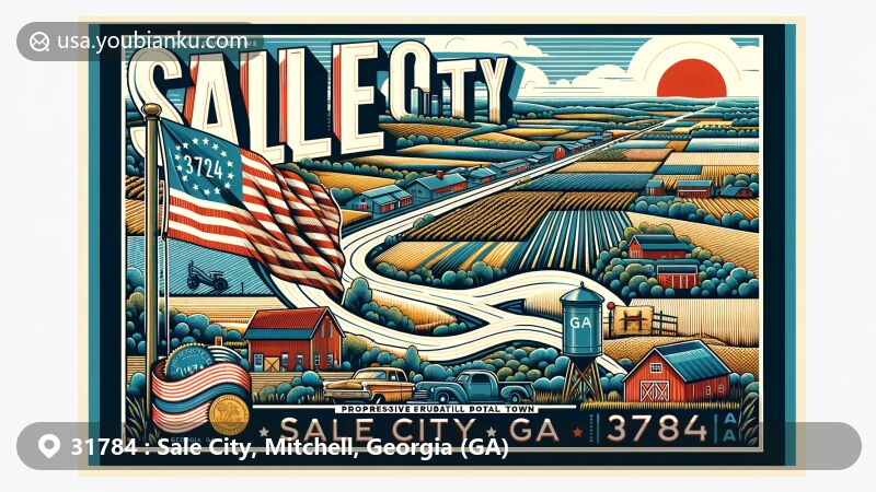 Modern illustration of Sale City, Mitchell County, Georgia, showcasing postal theme with ZIP code 31784, featuring rural landscape and Georgia state flag.
