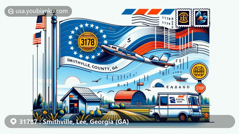 Modern illustration of Smithville, Lee County, Georgia, embodying the essence of ZIP code 31787 with state symbols, postcard design, and postal elements.