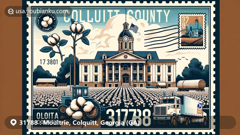 Modern illustration of Moultrie, Georgia, highlighting ZIP code 31788, featuring Colquitt County Courthouse and cotton farms, showcasing agricultural importance.