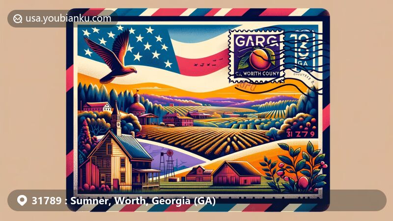 Modern illustration of Sumner, Worth County, Georgia, showcasing postal theme with ZIP code 31789, featuring state flag, county outline, and local landscapes.