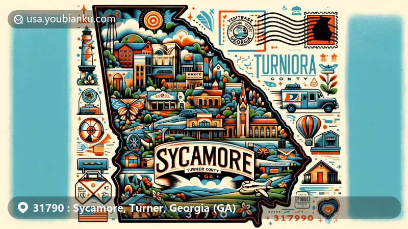 Modern illustration of Sycamore, Turner County, Georgia (GA), showcasing cultural and geographical essence through a creative postcard design with local landmarks, Georgian culture elements, and postal themes.