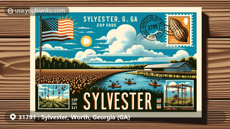 Modern illustration of Sylvester, Worth County, Georgia, showcasing agricultural charm and outdoor activities, set amidst peanut fields, with a nod to being the 'Peanut Capital of the World' and featuring Camp Osborn's rock climbing and kayaking. Includes postal elements with vintage stamp and postmark, ZIP Code 31791, and Georgia state flag.