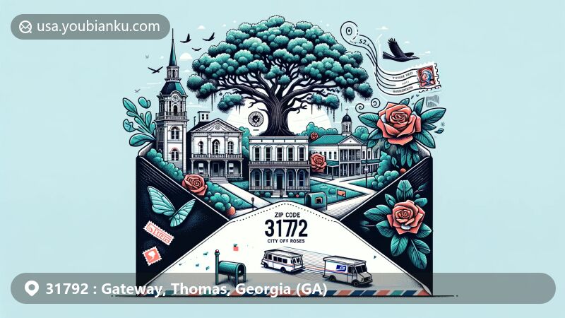 Modern illustration of Thomasville, Georgia, displaying postal theme with ZIP code 31792, featuring famous oak tree, historical buildings, and elements of Rose Festival.