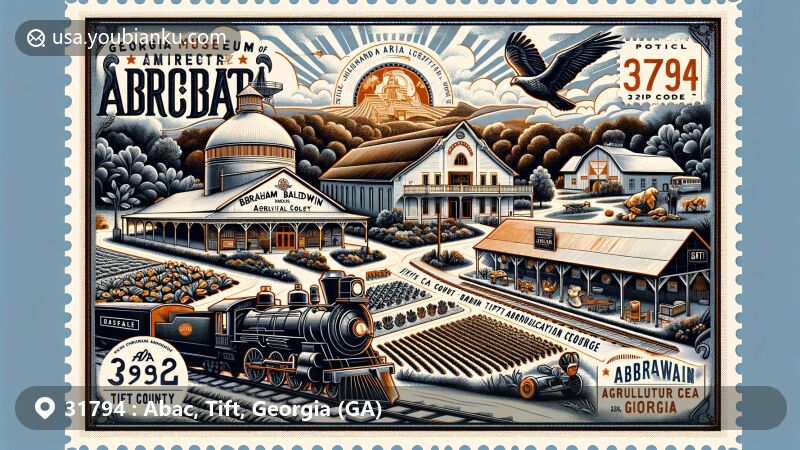 Modern illustration of Abac, Tift County, Georgia, showcasing postal theme with ZIP code 31794, featuring Georgia Museum of Agriculture, Vulcan Steam Train, Tift Theatre, and agricultural motifs.