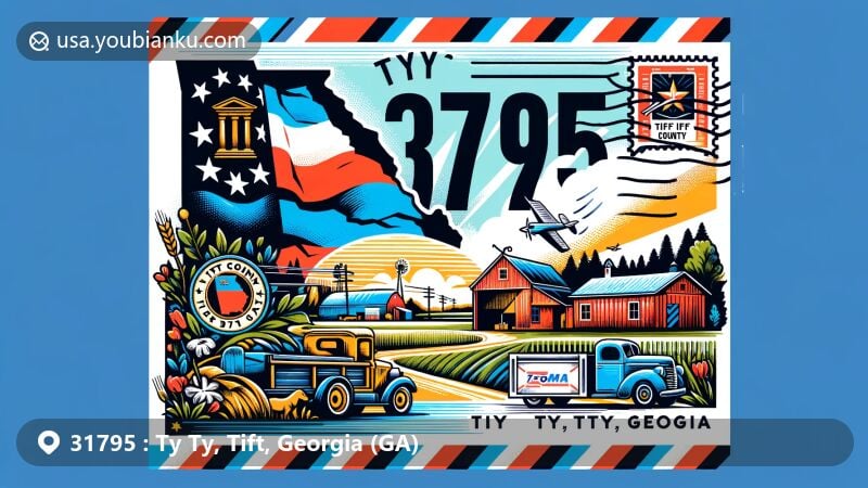 Modern illustration of Ty Ty, Tift County, Georgia, resembling an air mail envelope and showcasing iconic elements like the Georgia state flag, Tift County map, and rural imagery.