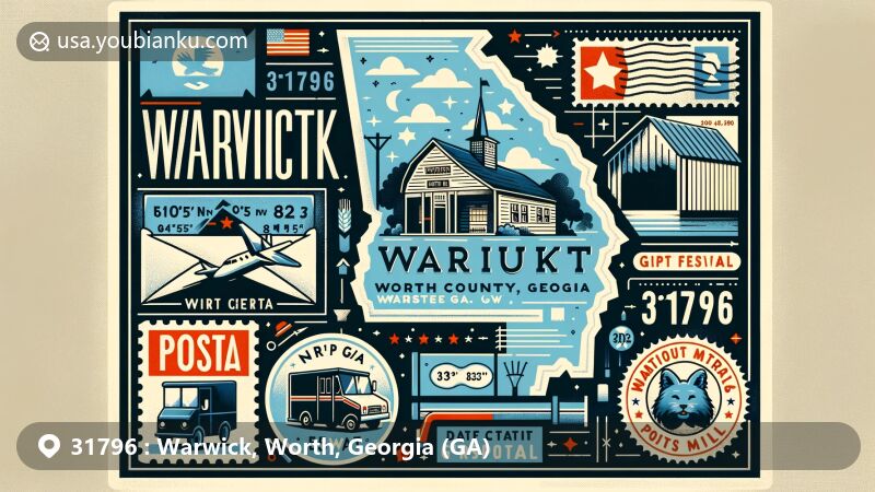 Modern illustration of Warwick, Worth County, Georgia, highlighting rural character, National Grits Festival, and postal elements with ZIP code 31796 and coordinates 31°49′49″N 83°55′15″W.