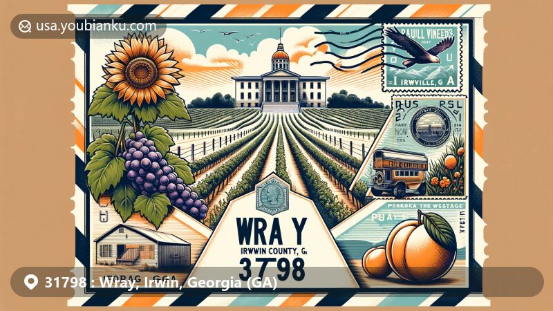 Modern illustration of Wray, Irwin County, Georgia, showcasing postal theme with ZIP code 31798, featuring Paulk Vineyards and Georgia state symbols.