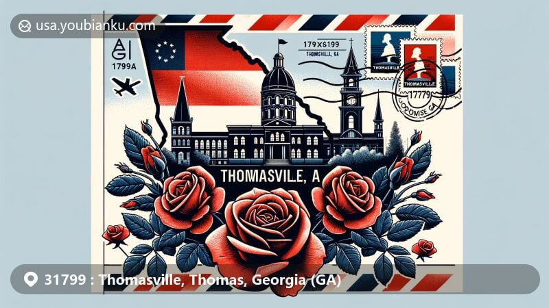 Modern illustration of Thomasville, Georgia, showcasing airmail envelope with roses, historic buildings, Georgia outline, and flag, along with postal elements like stamps and postmark with '31799' and 'Thomasville, GA'.