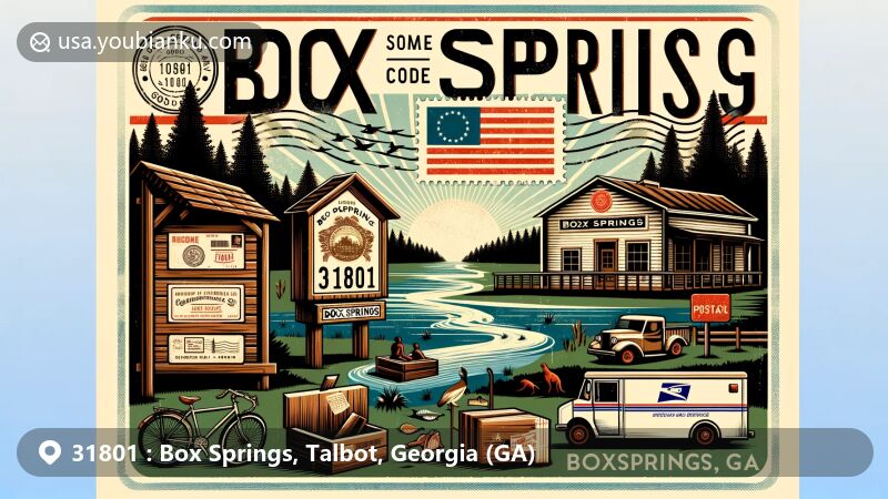 Modern illustration of Box Springs, Georgia, capturing small town charm and friendly atmosphere, showcasing ZIP code 31801 with postal elements like postcard format, vintage postal stamp, and postal symbols.