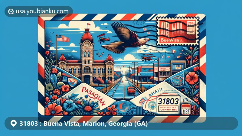 Innovative illustration of Buena Vista, Georgia, ZIP Code 31803, incorporating postal elements with regional landmarks like Pasaquan art environment, Marion County Courthouse, and Flint River watershed, complemented by local flora/fauna.