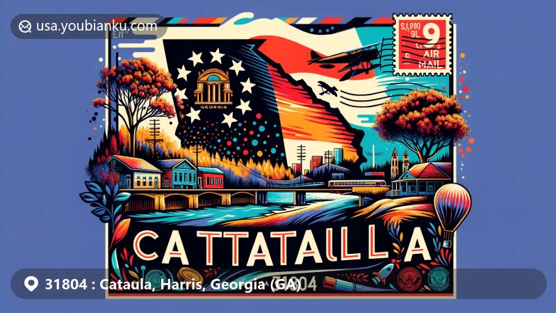 Modern illustration of Cataula, Harris County, Georgia, with zip code 31804, showcasing state flag, county outline, and landmarks like E C Pate Park. Includes postal theme elements and references to Cataula's natural beauty and cultural significance.