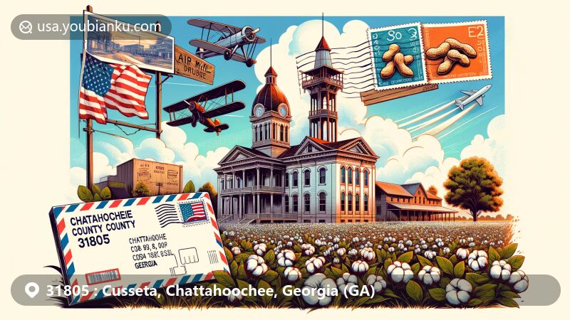 Modern illustration of Cusseta and Chattahoochee County, Georgia, showcasing landmarks and agricultural heritage, centered around ZIP Code '31805'. Includes Chattahoochee County Courthouse and agricultural symbols like cotton, peanuts, and sweet potatoes.