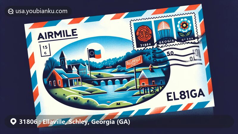 Modern illustration of Ellaville and Schley County, Georgia, featuring airmail envelope with vibrant postage stamp, nodding to original name Pondtown, and incorporating Georgia state flag, emphasizing ZIP code 31806.