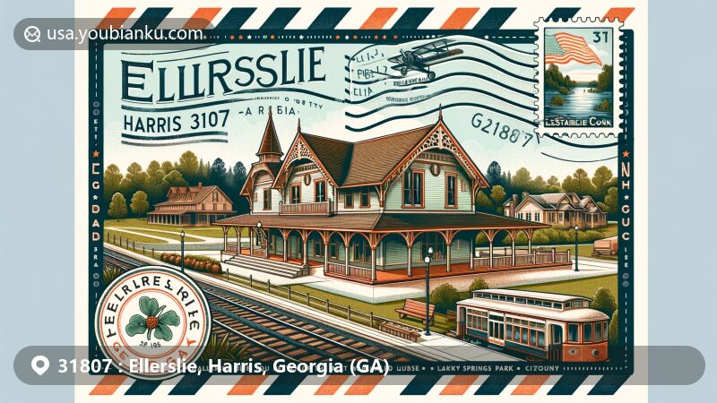 Modern illustration of Ellerslie, Harris County, Georgia, featuring ZIP code 31807, showcasing historic Ellerslie Depot and tranquil Ellerslie Park with lakeside pavilion.