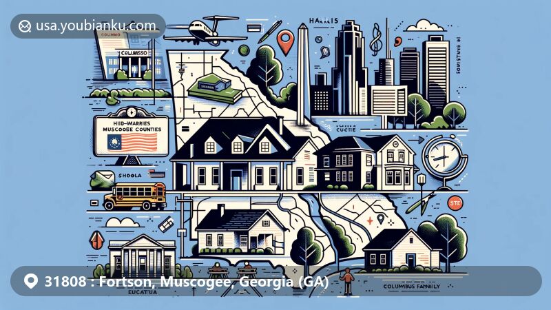 Modern illustration highlighting Fortson area, Georgia, showcasing Harris and Muscogee counties, iconic Columbus city symbols, and educational elements like books and school building.