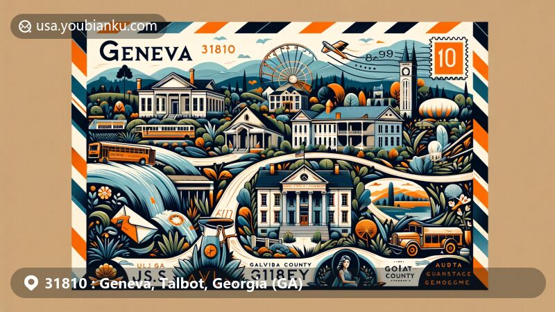 Modern illustration of Geneva, Georgia, featuring ZIP code 31810, showcasing Greek Revival architecture and local landmarks like the Martin and Lucretia Stamper House and Talbot County Courthouse, along with natural elements like the fall line and Pine Mountain Range.