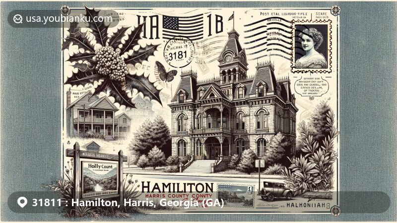 Modern illustration of Hamilton, Harris County, Georgia, featuring the Harris County Courthouse and Holly House, highlighting architectural beauty, historical significance, and natural elements like American Holly plants. Includes vintage postcard design with Georgia state flag stamp and ZIP Code 31811.