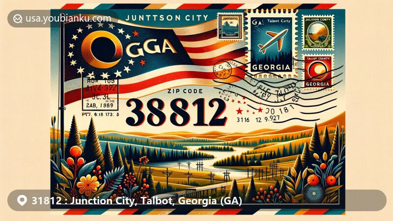 Modern illustration of Junction City, Talbot County, Georgia, showcasing postal theme with ZIP code 31812, featuring Georgia's natural beauty, including forests, rolling hills, and a serene skyline.