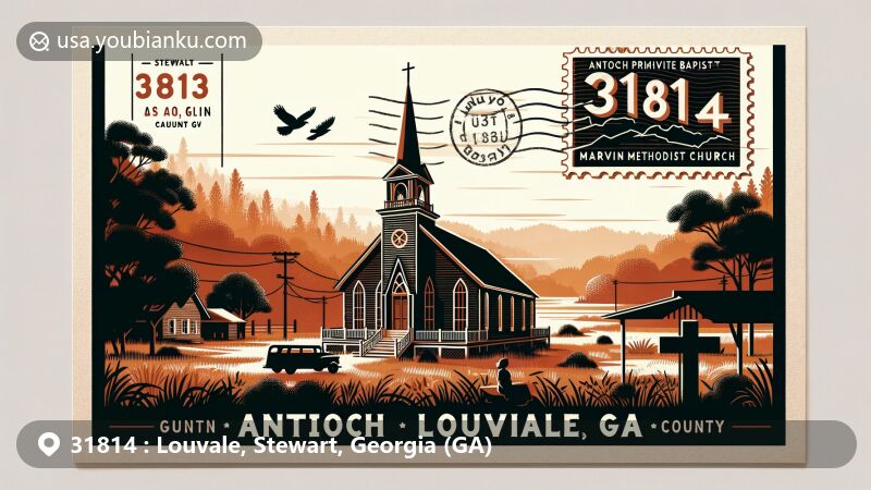 Modern illustration of Louvale, Georgia, showcasing zip code 31814 integrating natural beauty and historic churches in lush landscape. Postcard-style layout with '31814 Louvale, GA' stamp, Stewart County outline, and postmarks.