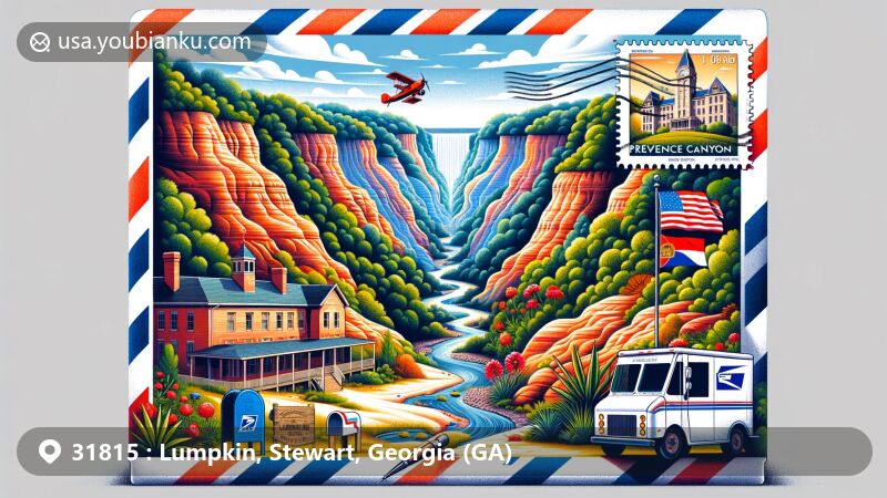Modern illustration of Lumpkin, Georgia, featuring Providence Canyon State Park and Bedingfield Inn within an airmail envelope, blending regional nature with postal culture.