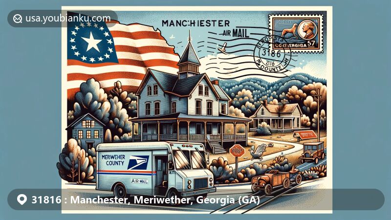 Modern illustration of Manchester, Meriwether County, Georgia, with postal theme and local landmarks like Little White House and Georgia state elements.