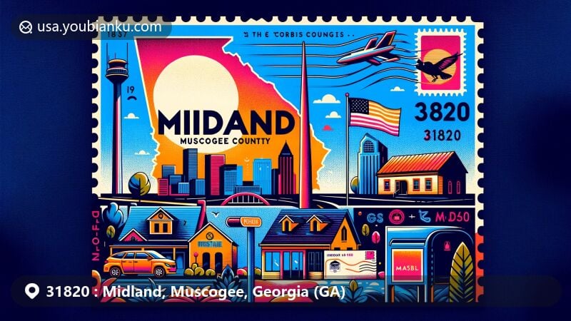 Modern illustration of Midland, Muscogee County, Georgia, featuring ZIP code 31820, showcasing local landmarks, postal elements, and vibrant style, suitable for web page display.