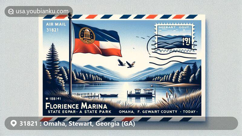 Modern illustration of Florence Marina State Park in Omaha, Stewart County, Georgia, featuring Walter F. George Lake, Georgia state flag, and postal elements with 'Omaha, GA 31821' stamp and 'Stewart County' postmark.