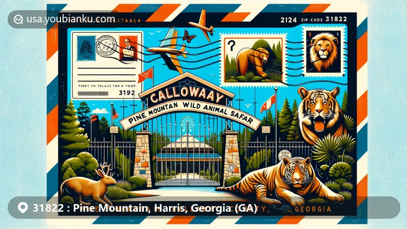 Modern illustration of Pine Mountain area in Harris County, Georgia, showcasing entrance to Callaway Gardens and iconic animal imagery from Pine Mountain Wild Animal Safari, with postal elements like stamps, postmarks, and ZIP Code 31822.
