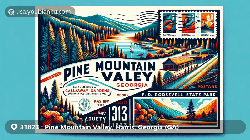 Modern illustration of Pine Mountain Valley, Harris County, Georgia, featuring Callaway Gardens, F.D. Roosevelt State Park, postcard layout, ZIP code 31823, stamps, and postmark.