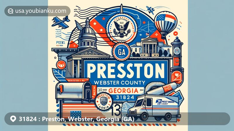 Modern illustration of Preston, Webster County, Georgia, with postal elements like ZIP code 31824, featuring Georgia state flag and local symbols.